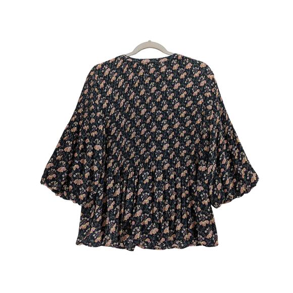 Ann Taylor Floral Tunic S Black Blouse Pleats Top Flowy Tie Neck Puff 3/4 Sleeve - Picture 2 of 11